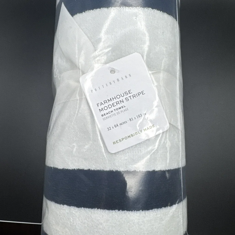Pottery Barn Beach Towel Modern Farmhouse Stripe Pool Navy Blue White Teen Kids